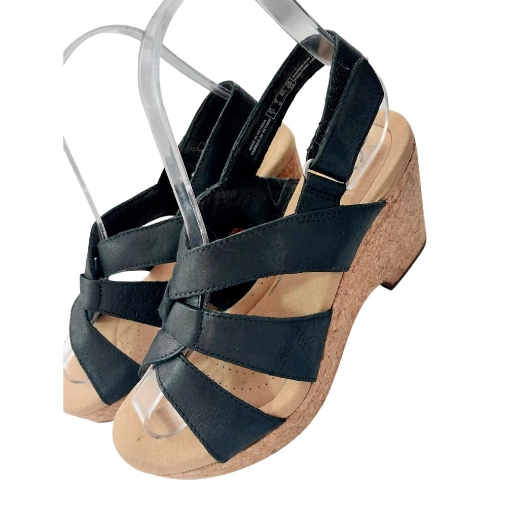 CLARKS! BLACK GENUINE LEATHER, MEMORY FOAM INSOLE, CORK WEDGE SANDALS! SZ 7W